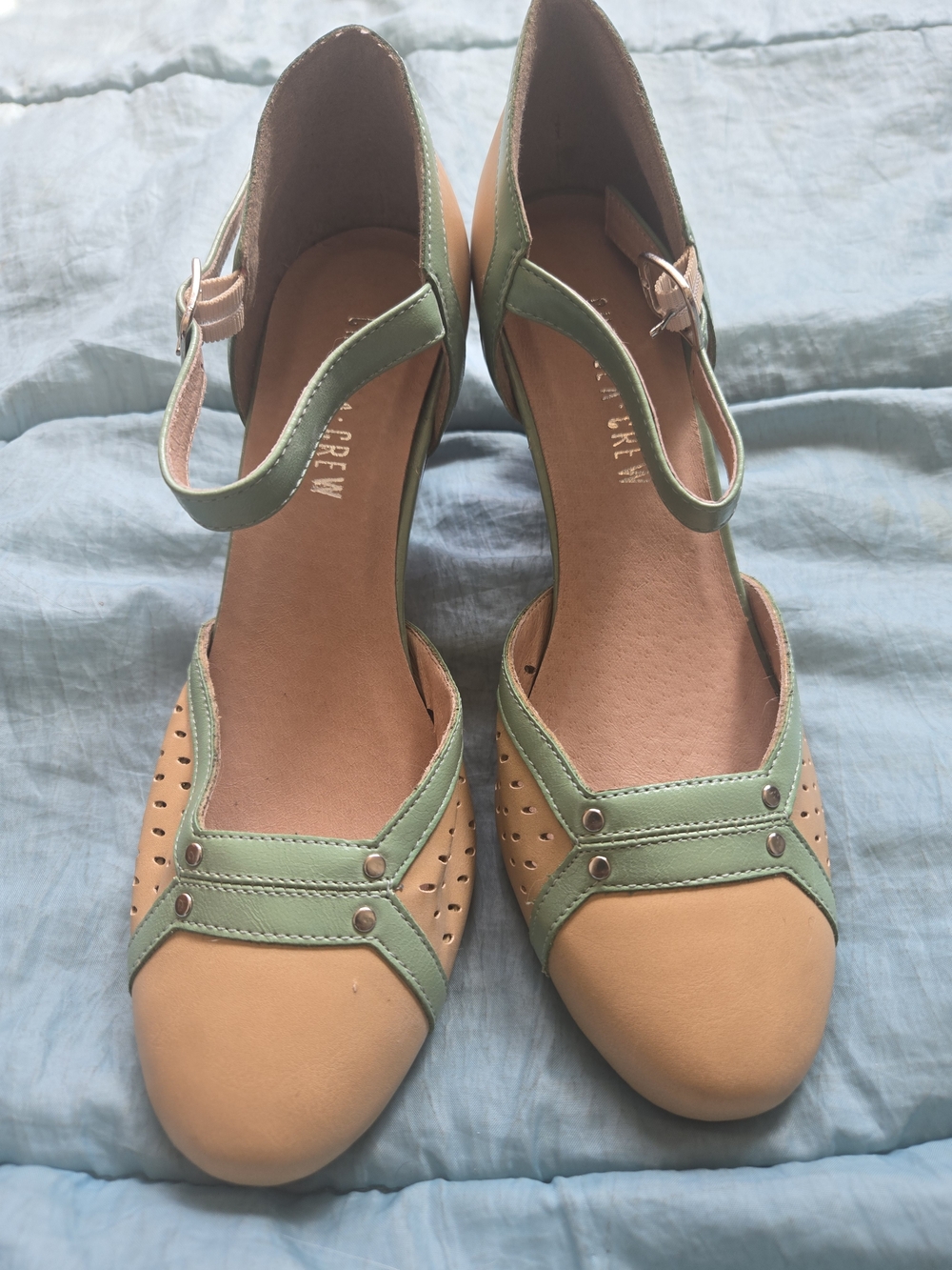 Chelsea Crew Two-Tone Tan and Mint Ankle-Strap Flats